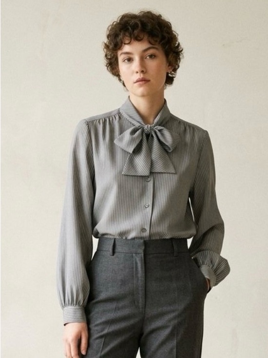 Vintage Tops - Vintage Gray Pinstripe Bow Neck Button-Front Blouse 1980 Sz 10 Corporate Chic